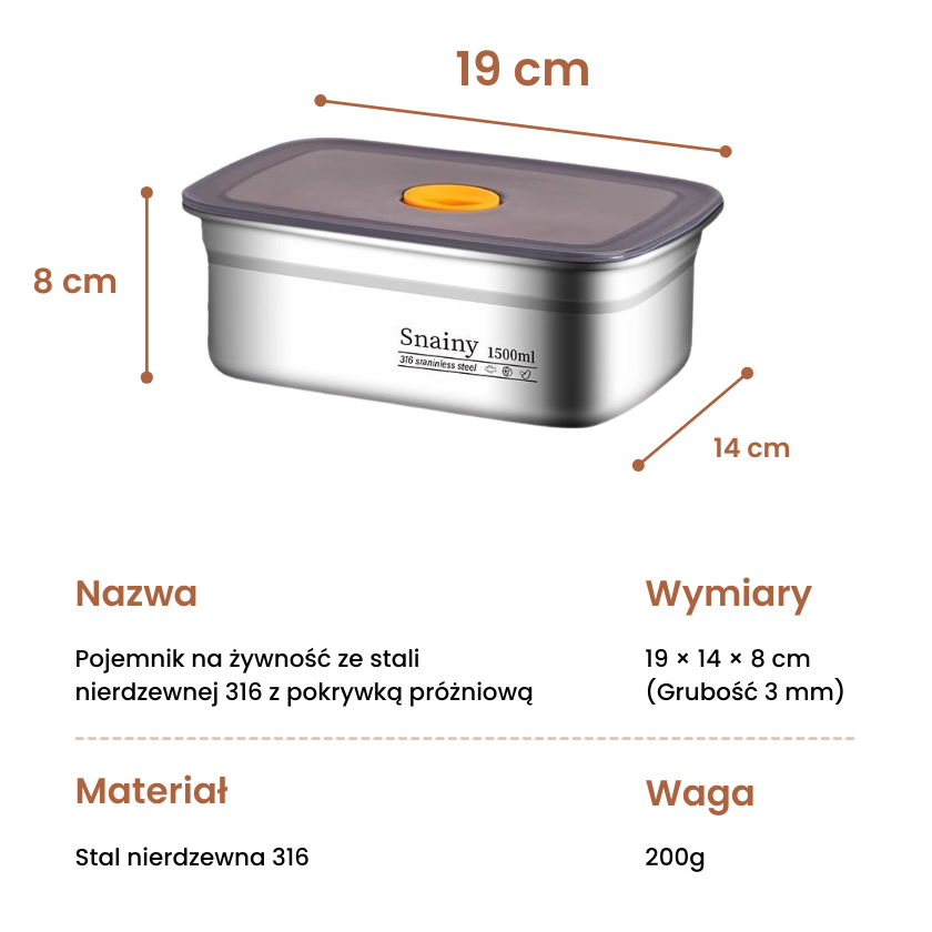 🛍️Duży Hermetyczny Pojemnik Na Żywność Ze Stali Nierdzewnej Antybakteryjnej – 1500ml (19 x 14 x 8 Cm)