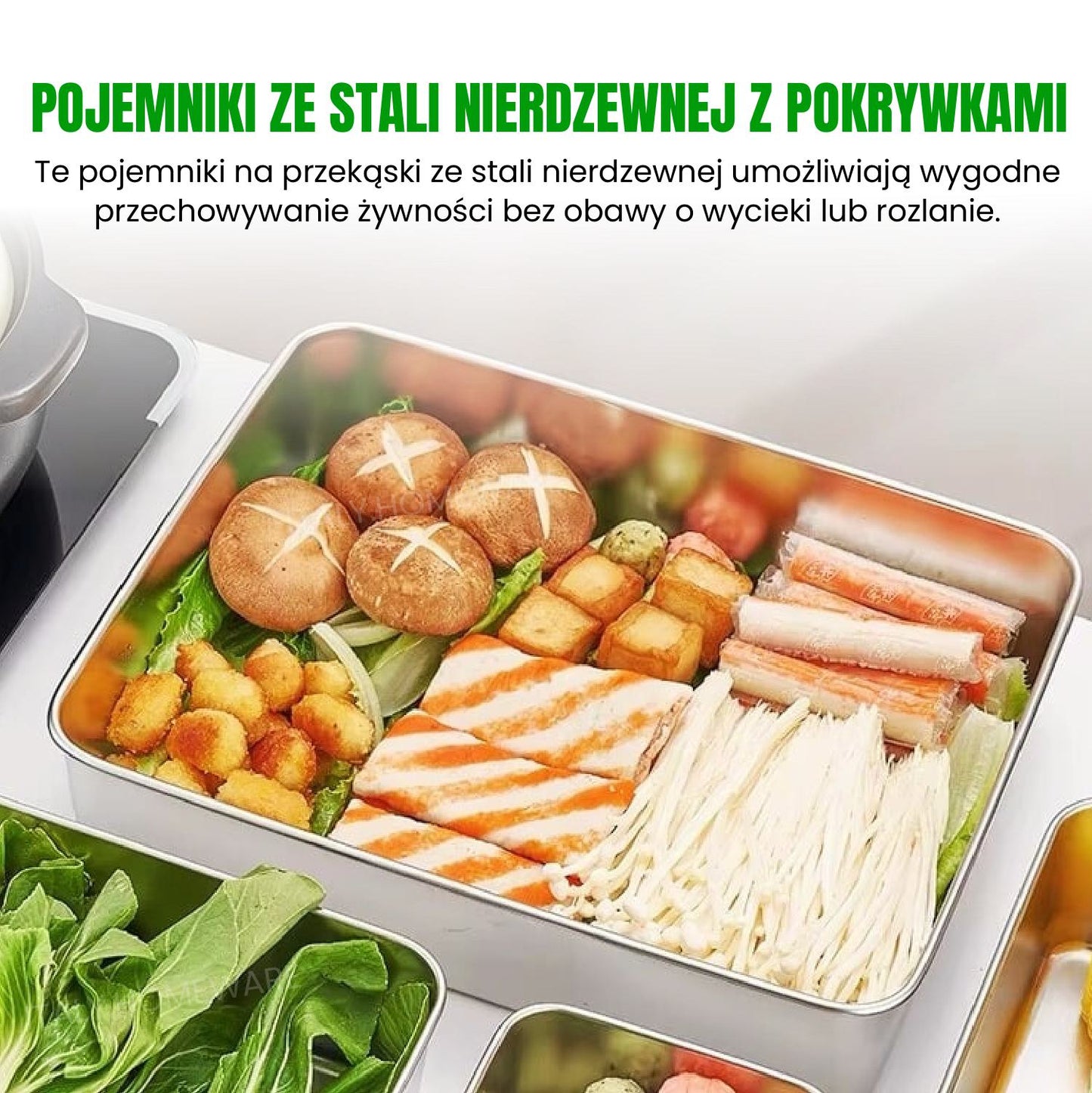 💥 Pojemniki Na Przechowywanie Żywności SUS304, Prostokątne Tacki Ze Stali Nierdzewnej Z Gumowymi Pokrywkami (25x20x5cm)