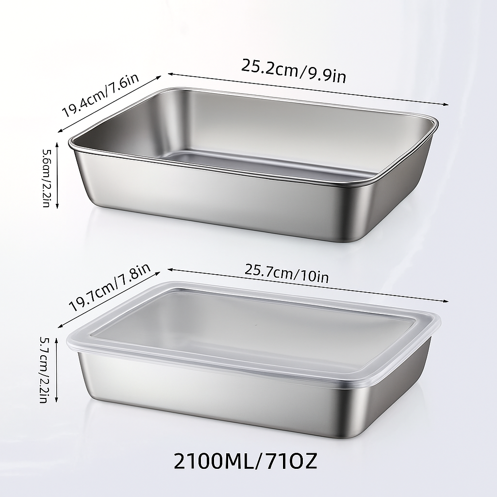 Taca ze stali nierdzewnej 304 z hermetyczną pokrywką (2,1 L – 25,7 × 19,7 × 5,7 cm) | RABAT 70%!