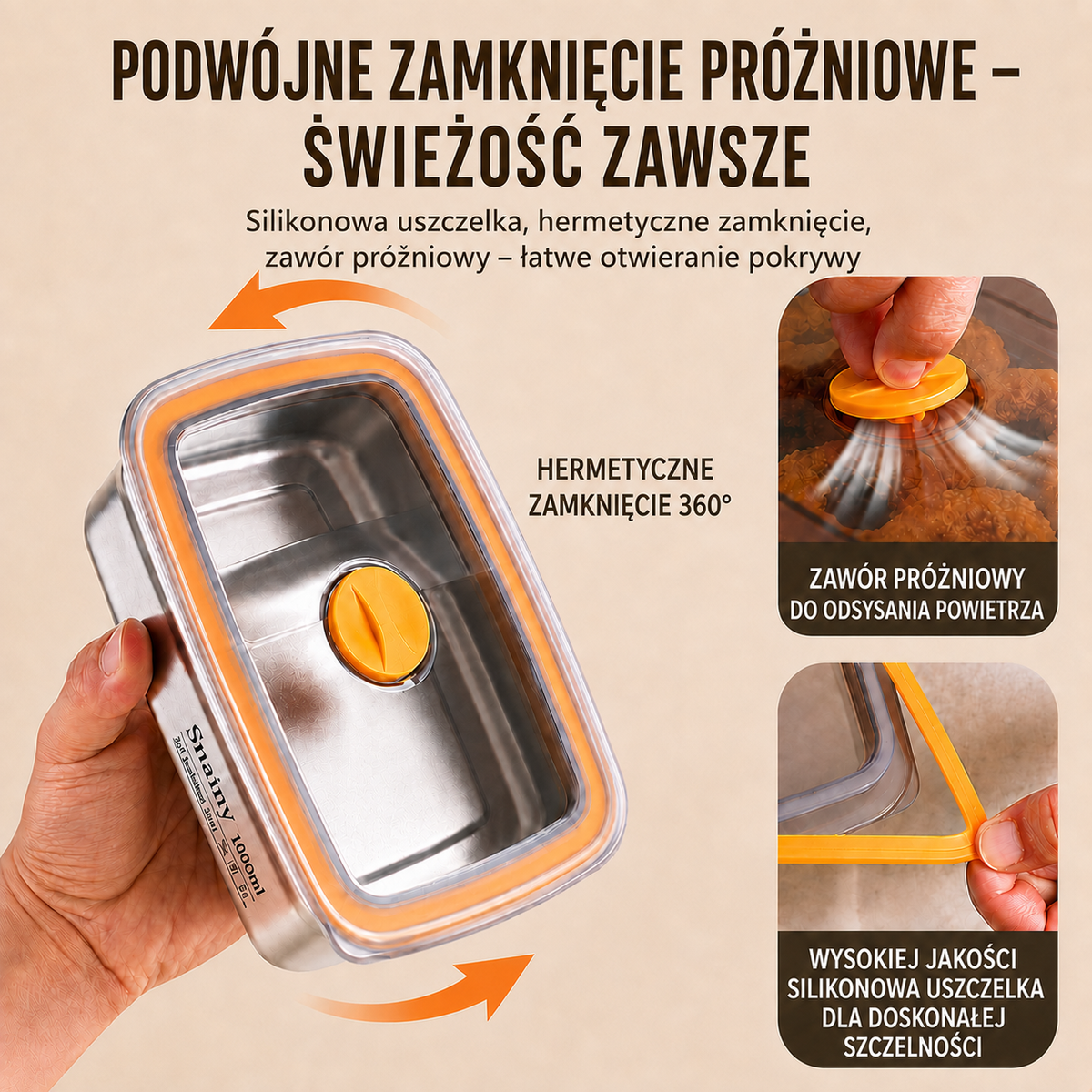 Antybakteryjny próżniowy pojemnik na żywność ze stali nierdzewnej, duży rozmiar 1500 ml (19×4×8 cm)