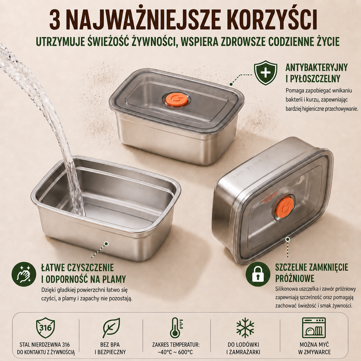 Antybakteryjny próżniowy pojemnik na żywność ze stali nierdzewnej, duży rozmiar 1500 ml (19×4×8 cm)
