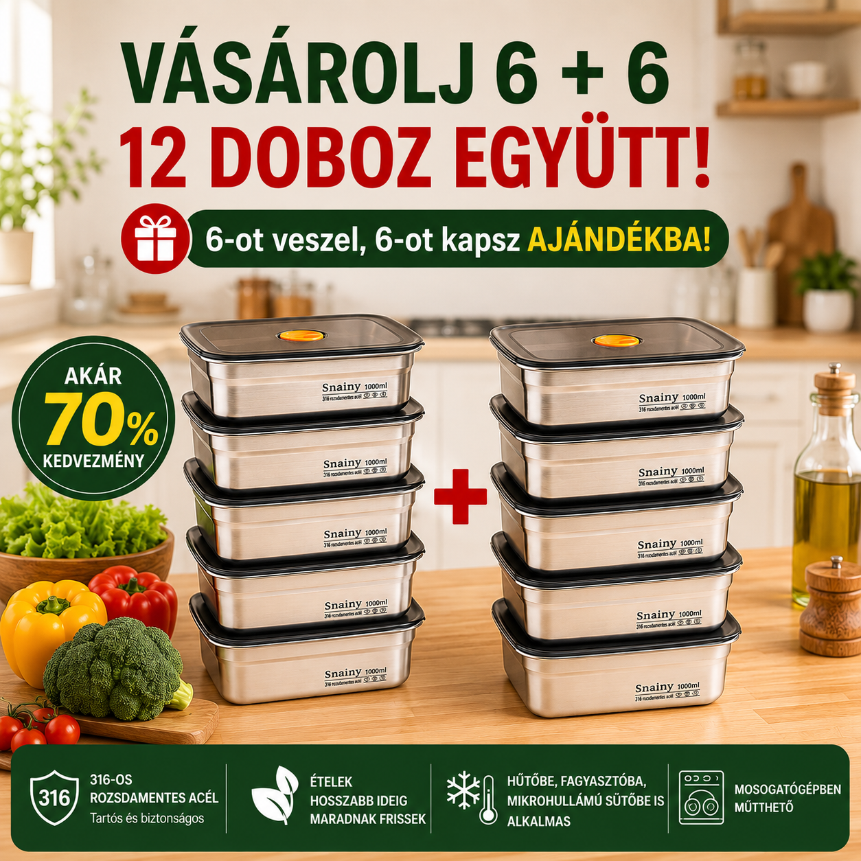 Vákuumos antibakteriális SUS316 rozsdamentes acél ételtároló (19×14×6 cm)