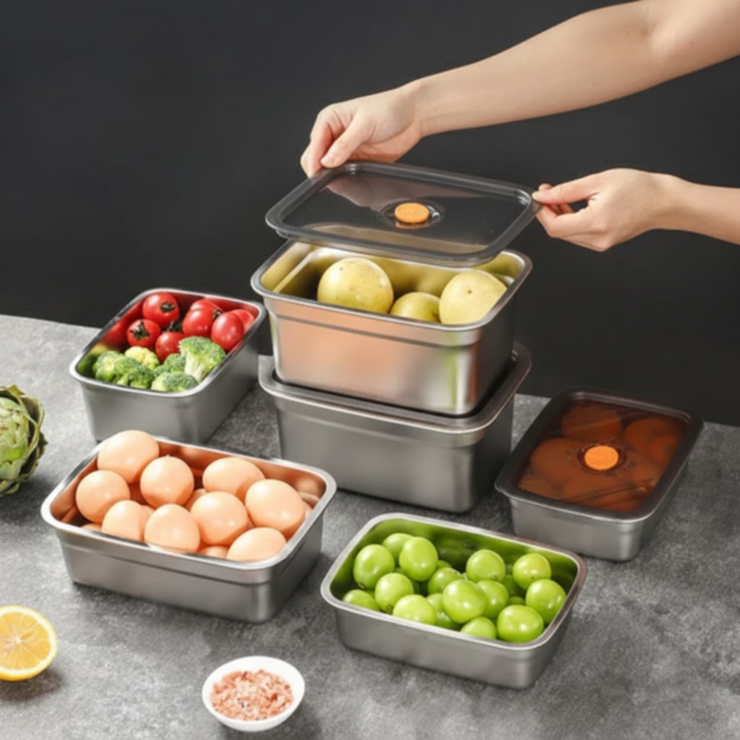 Duży Hermetyczny Pojemnik Na Żywność Ze Stali Nierdzewnej Antybakteryjnej – 1500ml (19 x 14 x 8 Cm)