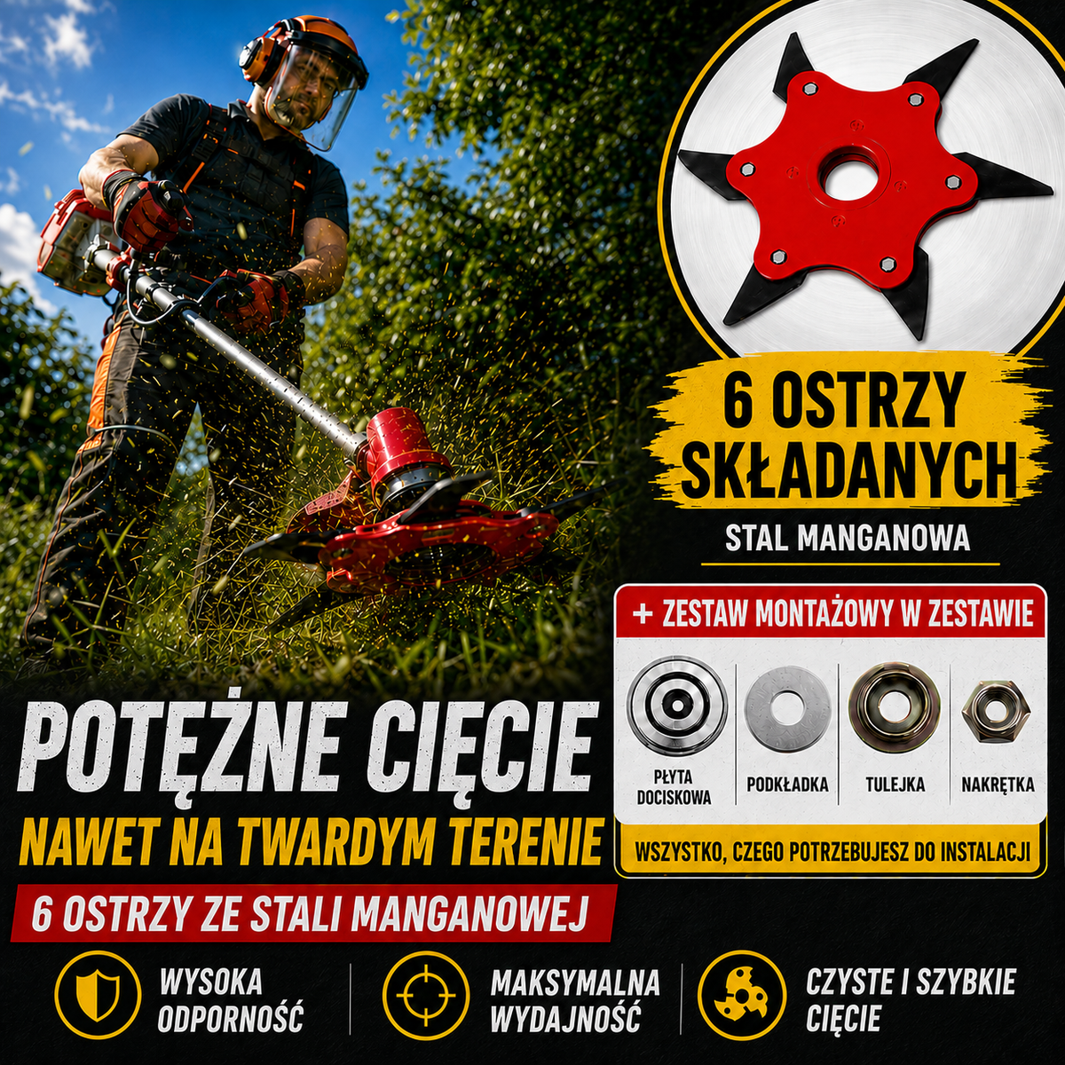 6 ostrzy ze stali manganowej – mocne cięcie, wysoka trwałość + akcesoria