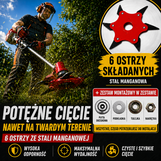 6 ostrzy ze stali manganowej – mocne cięcie, wysoka trwałość + akcesoria
