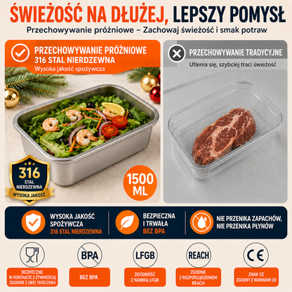 ⚜️Duży Hermetyczny Pojemnik Na Żywność Ze Stali Nierdzewnej Antybakteryjnej – 1500ml (19 x 14 x 8 Cm)