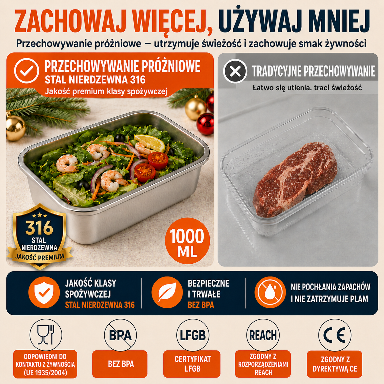 ⚜️Pojemnik próżniowy ze stali 316, 1000ML — niemiecka jakość | Świeża żywność 5× dłużej