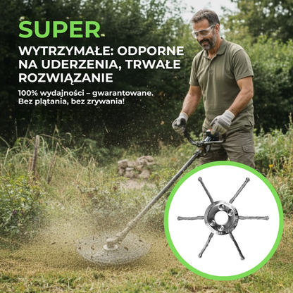 Głowica kosiarki posiada 6 splecionych ramion wykonanych z wytrzymałego drutu stalowego.