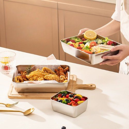 Pojemniki Na Przechowywanie Żywności SUS304, Prostokątne Tacki Ze Stali Nierdzewnej Z Gumowymi Pokrywkami (25x20x5cm)