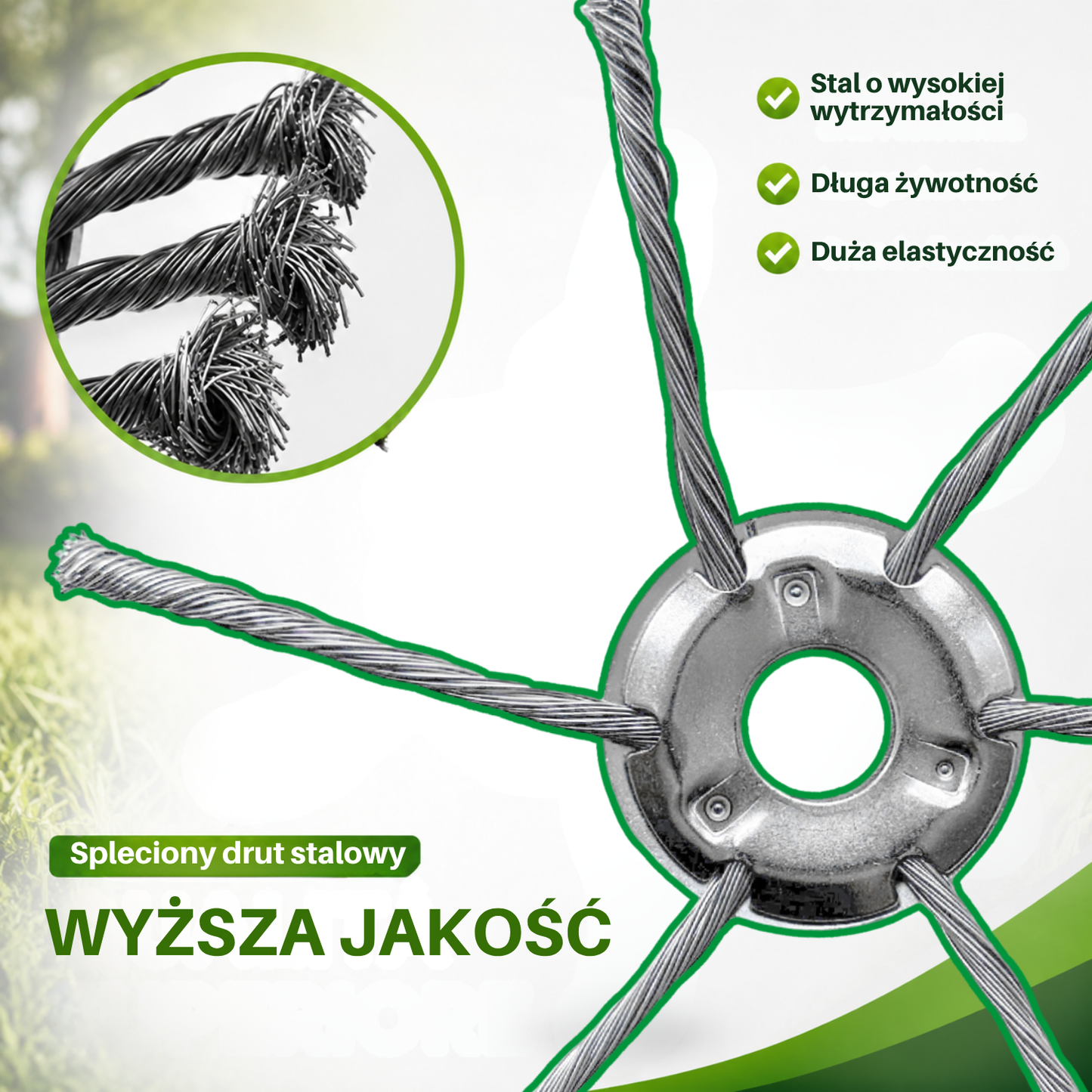 Głowica kosiarki ma 6 ramion splecionych z wytrzymałego drutu stalowego