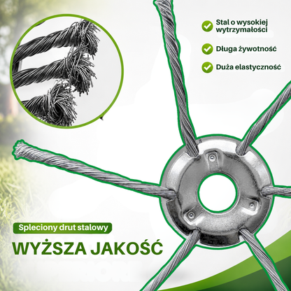 Głowica kosiarki ma 6 ramion splecionych z wytrzymałego drutu stalowego