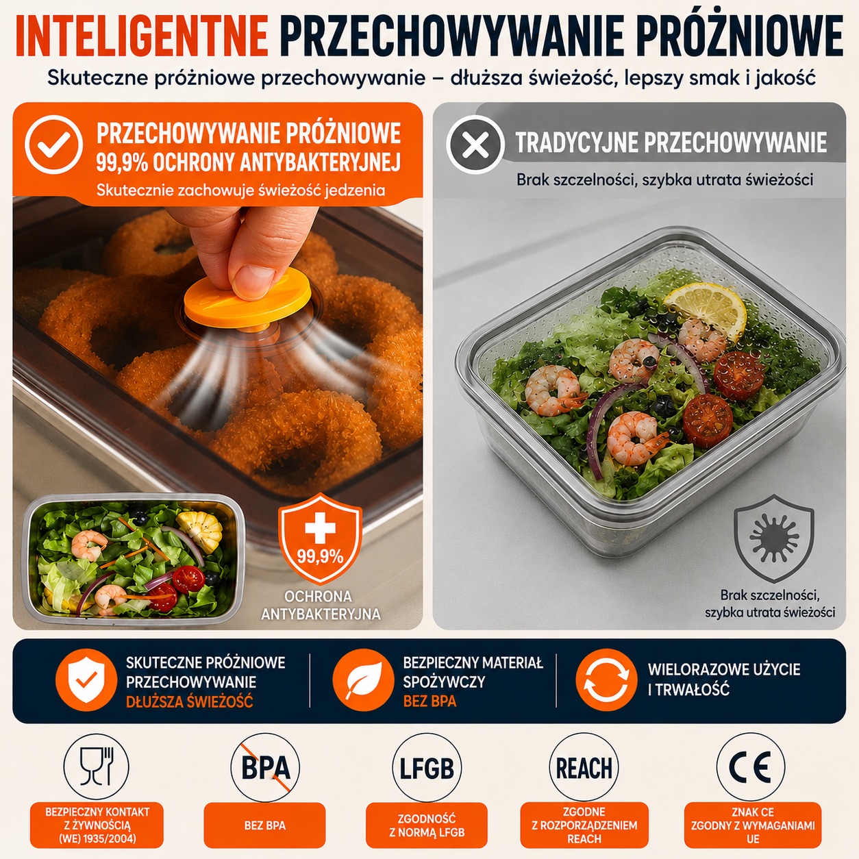 ⚜️Duży Hermetyczny Pojemnik Na Żywność Ze Stali Nierdzewnej Antybakteryjnej – 1500ml (19 x 14 x 8 Cm)