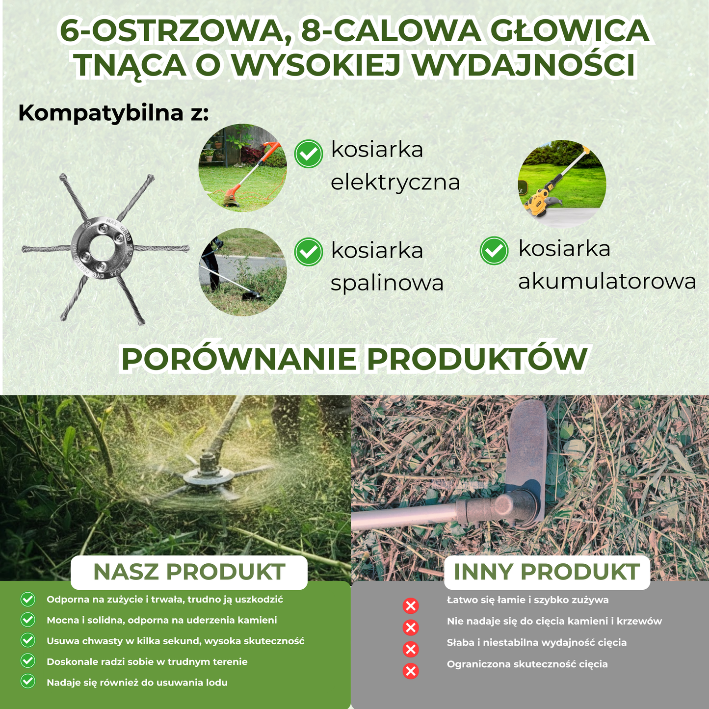 Głowica kosiarki posiada 6 splecionych ramion wykonanych z wytrzymałego drutu stalowego.