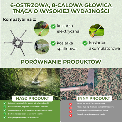 Głowica kosiarki posiada 6 splecionych ramion wykonanych z wytrzymałego drutu stalowego.
