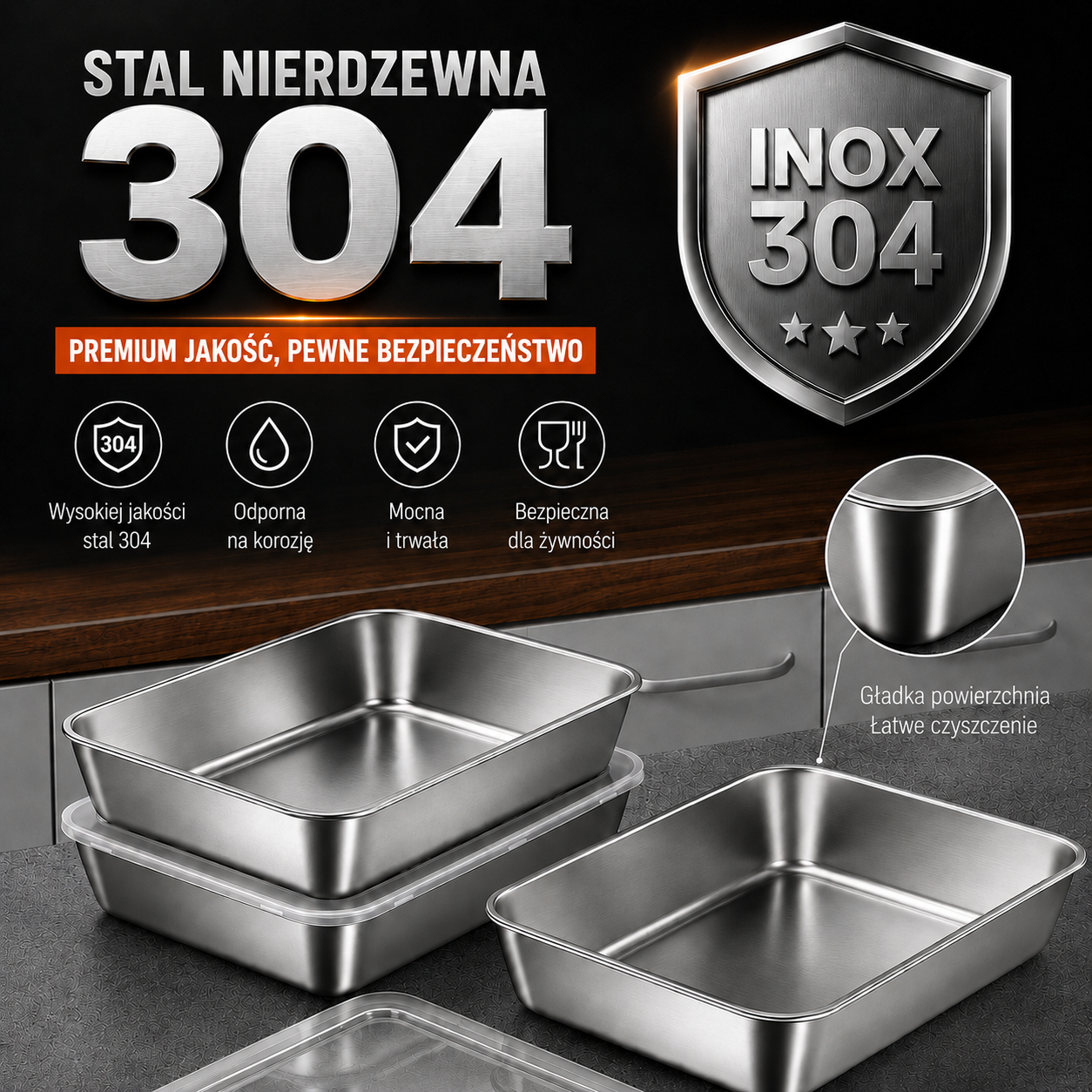 Pojemniki na żywność ze stali nierdzewnej 304 ze szczelną pokrywką – 25 × 20 × 5 cm