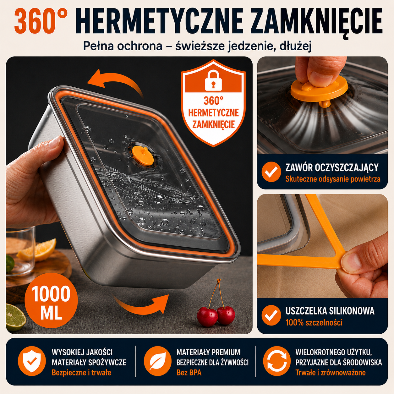 ⚜️Pojemnik próżniowy ze stali 316, 1000ML — niemiecka jakość | Świeża żywność 5× dłużej