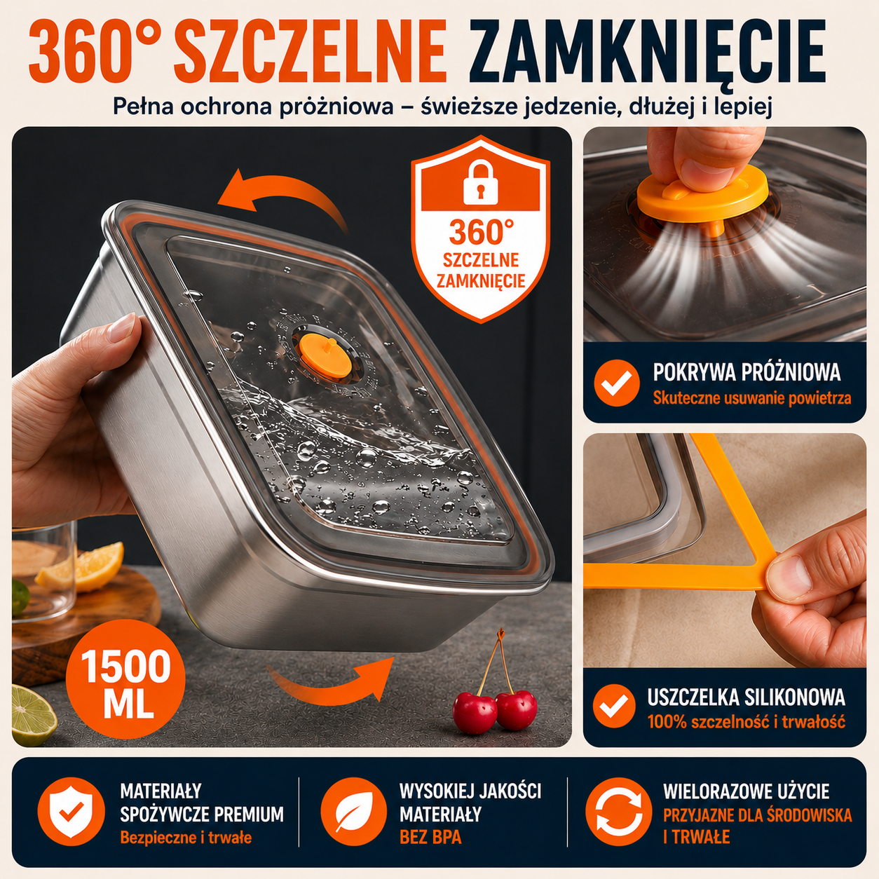 ⚜️Duży Hermetyczny Pojemnik Na Żywność Ze Stali Nierdzewnej Antybakteryjnej – 1500ml (19 x 14 x 8 Cm)