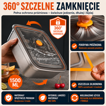⚜️Duży Hermetyczny Pojemnik Na Żywność Ze Stali Nierdzewnej Antybakteryjnej – 1500ml (19 x 14 x 8 Cm)