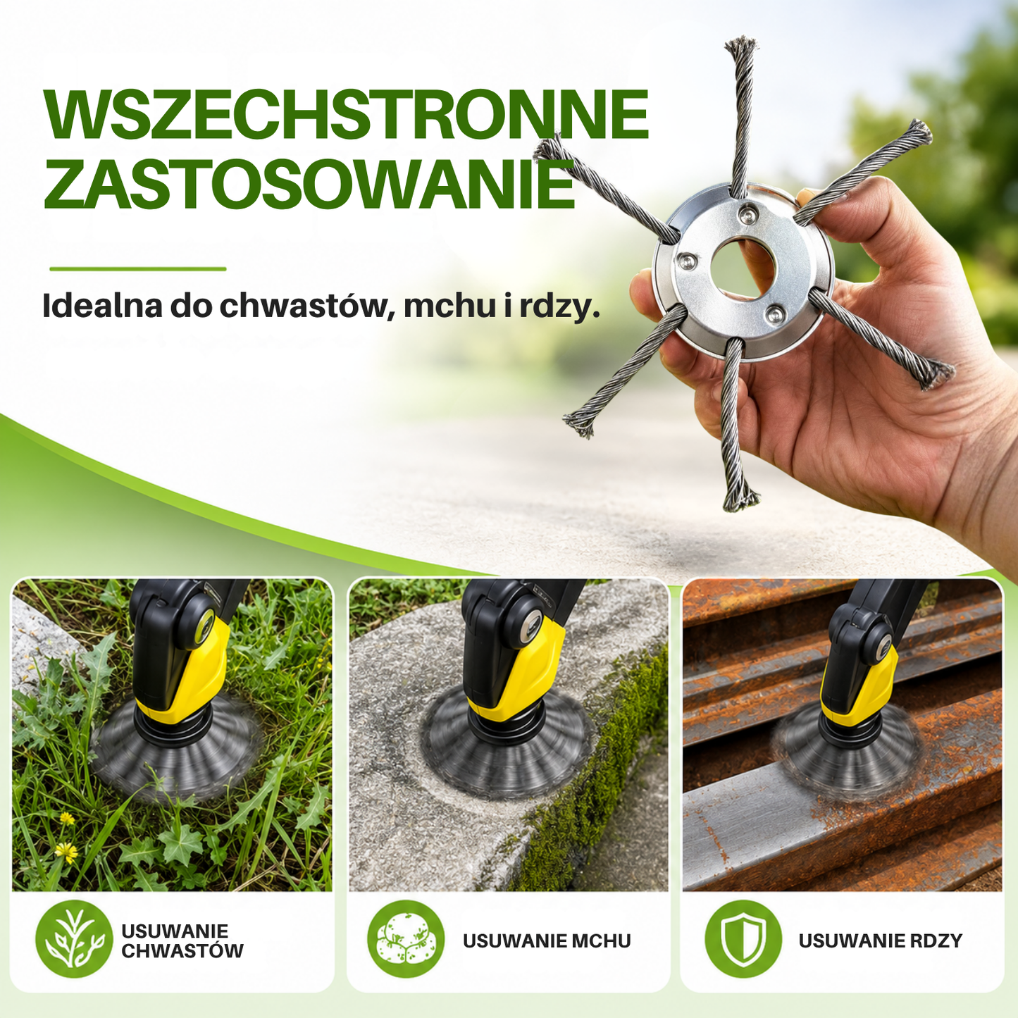 Głowica kosiarki ma 6 ramion splecionych z wytrzymałego drutu stalowego