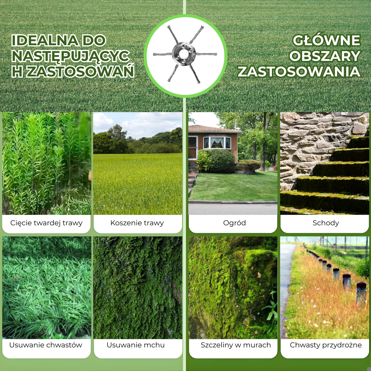 Głowica kosiarki posiada 6 splecionych ramion wykonanych z wytrzymałego drutu stalowego.