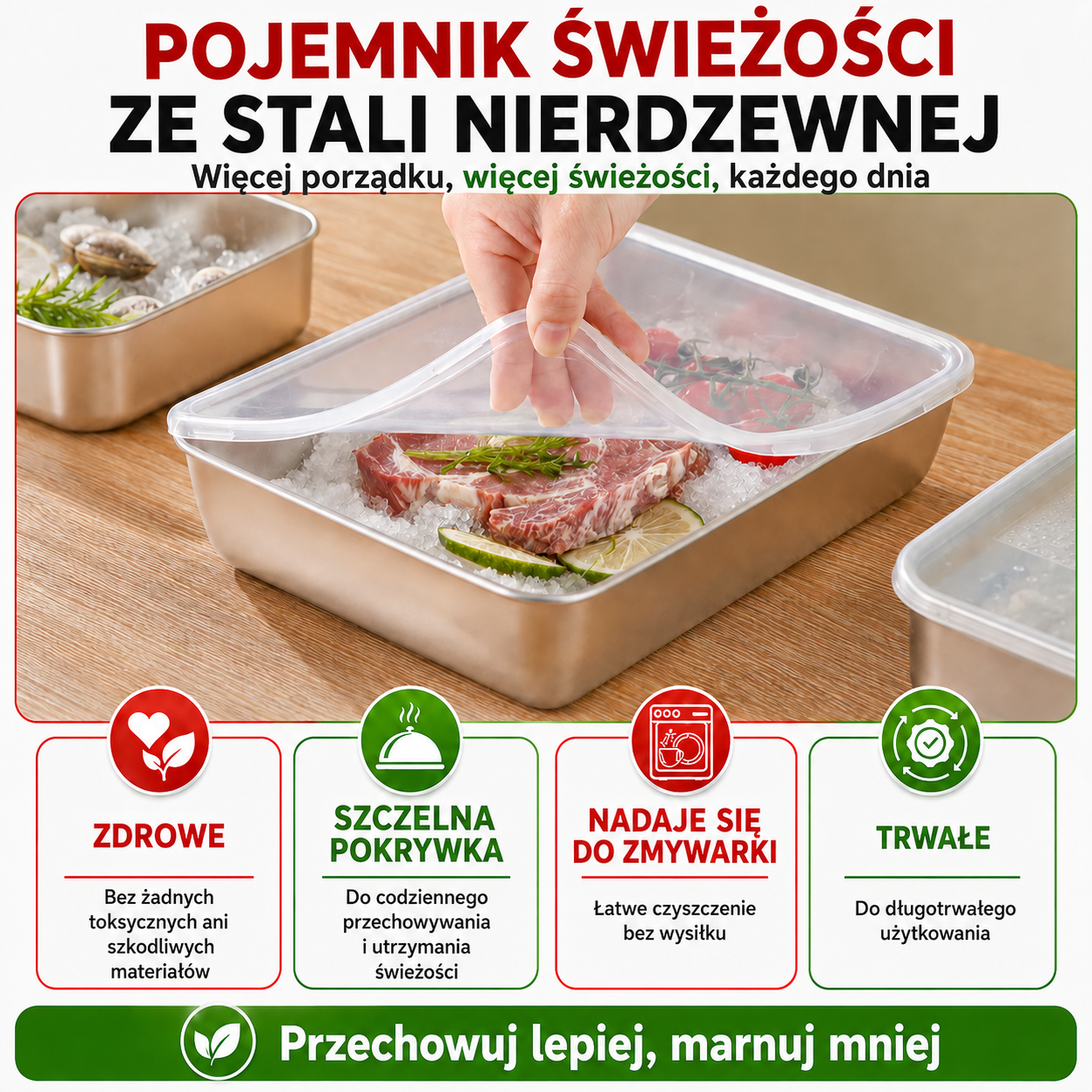 Pojemniki Na Przechowywanie Żywności SUS304, Prostokątne Tacki Ze Stali Nierdzewnej Z Gumowymi Pokrywkami (25x20x5cm)