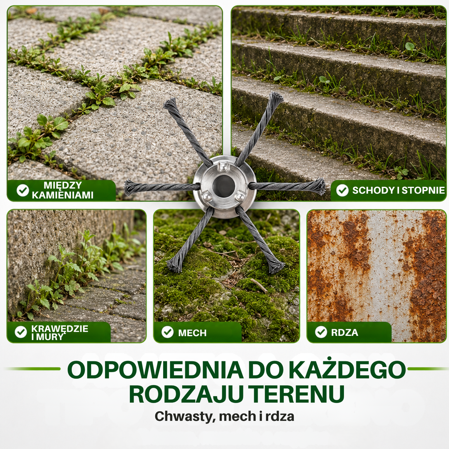 Głowica kosiarki ma 6 ramion splecionych z wytrzymałego drutu stalowego