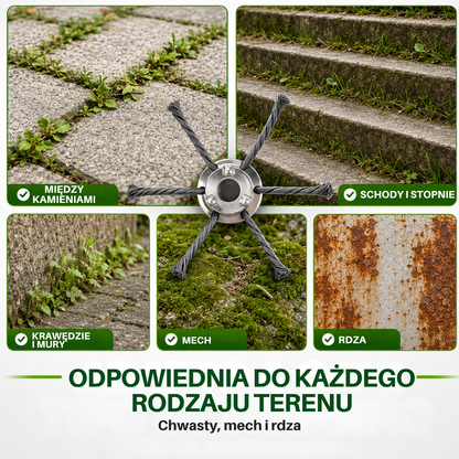 Głowica kosiarki ma 6 ramion splecionych z wytrzymałego drutu stalowego