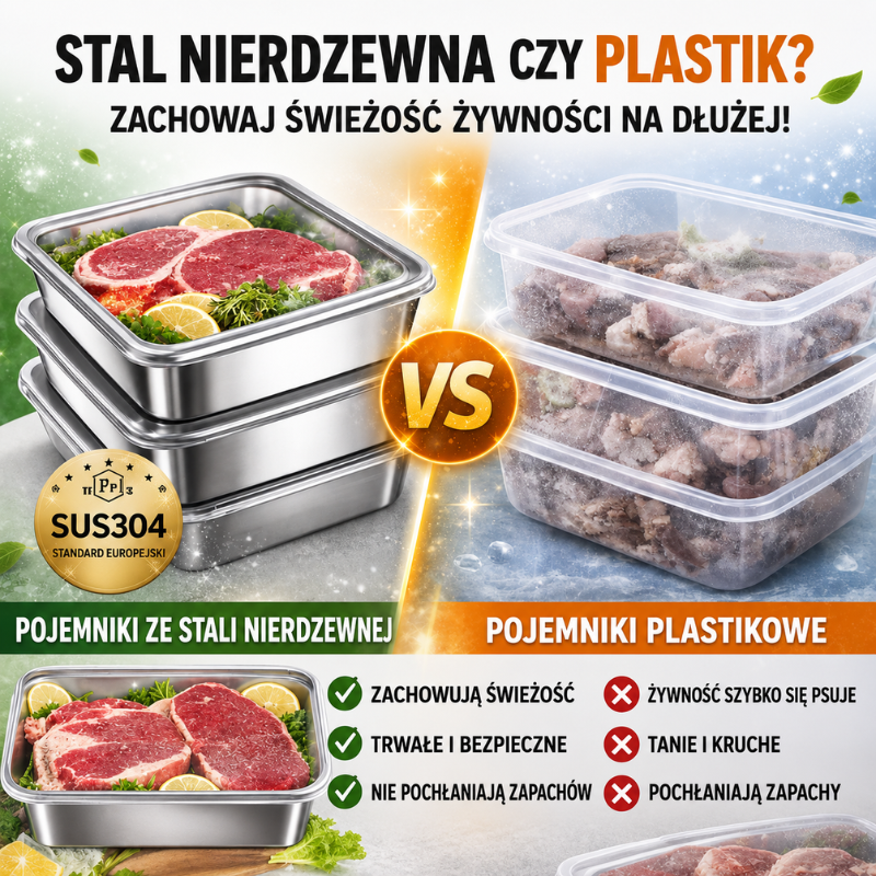 Pojemnik na żywność ze stali nierdzewnej 304 o pojemności 2500 ml – Bezpieczne i praktyczne rozwiązanie do przechowywania żywności (25 × 20 × 6 cm)