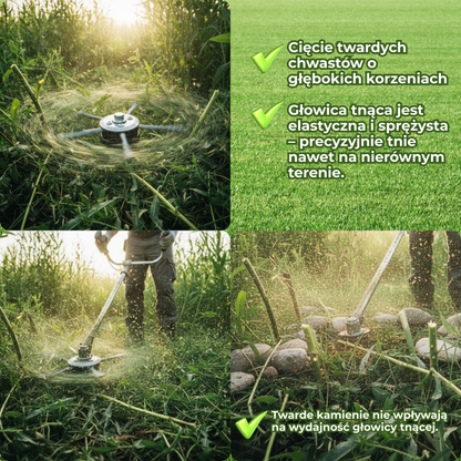 Głowica kosiarki posiada 6 splecionych ramion wykonanych z wytrzymałego drutu stalowego.