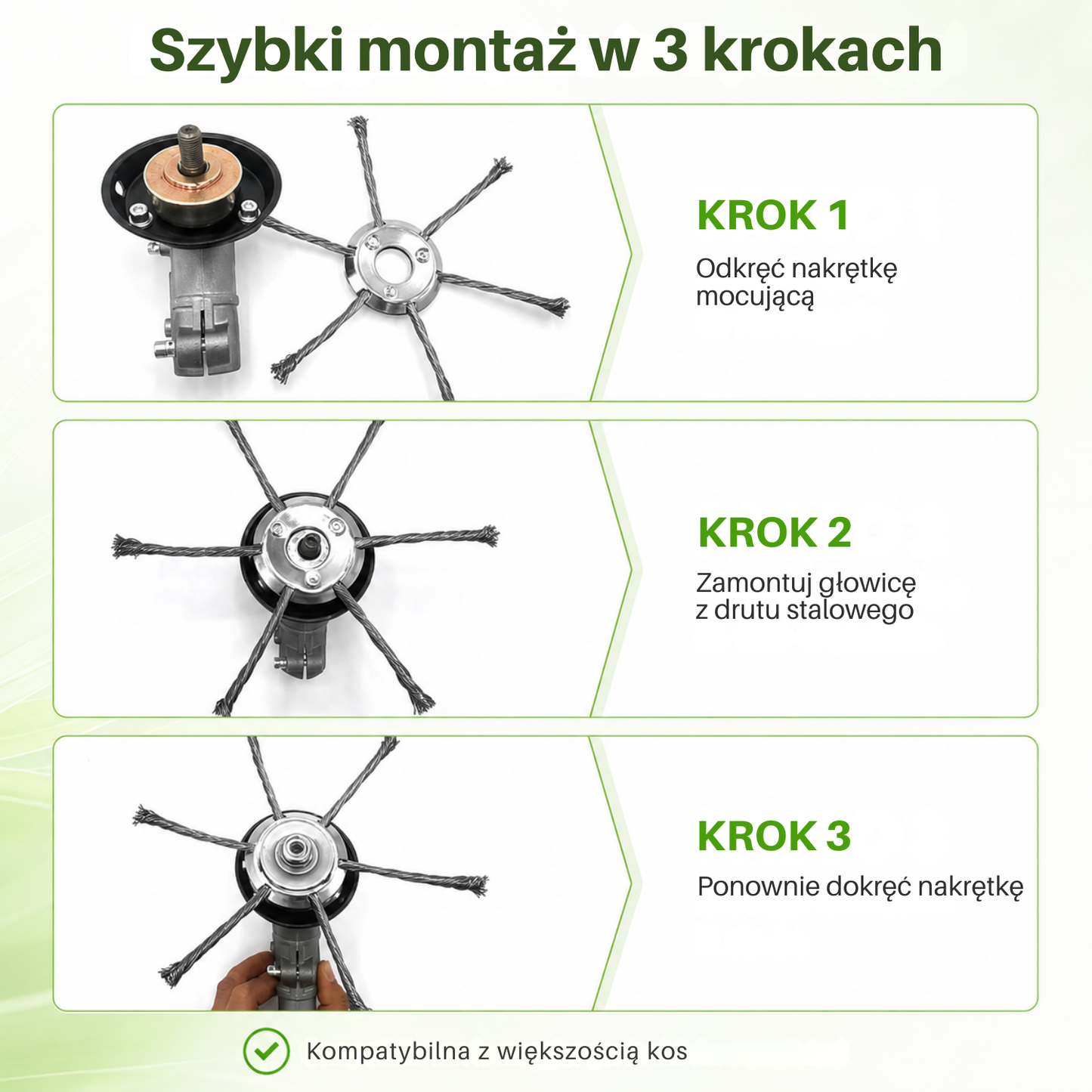 Głowica kosiarki ma 6 ramion splecionych z wytrzymałego drutu stalowego