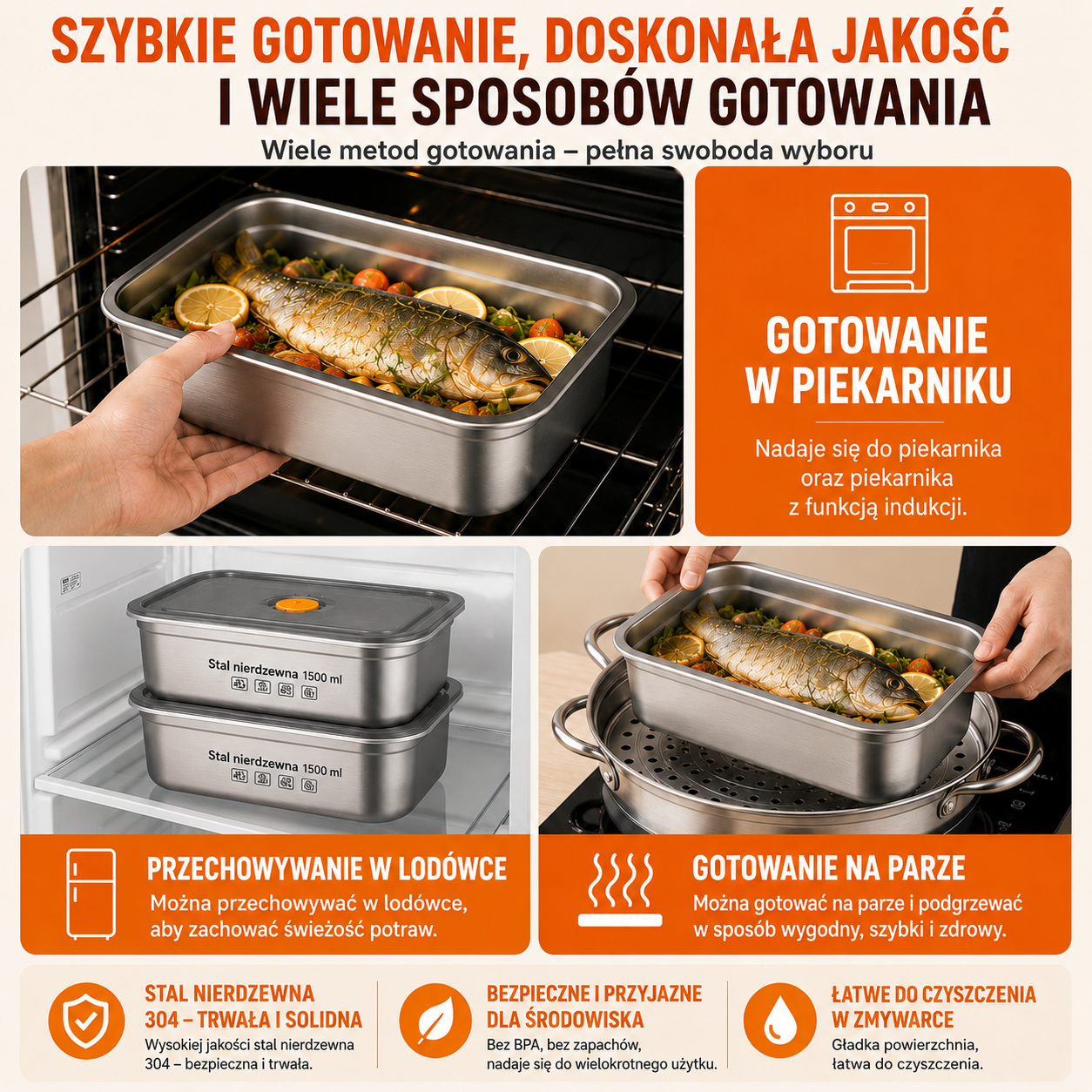 ⚜️Duży Hermetyczny Pojemnik Na Żywność Ze Stali Nierdzewnej Antybakteryjnej – 1500ml (19 x 14 x 8 Cm)