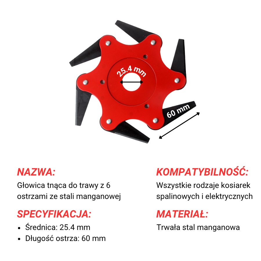 Głowica tnąca z 6 superwytrzymałymi ostrzami ze stali manganowej (w zestawie z akcesoriami)