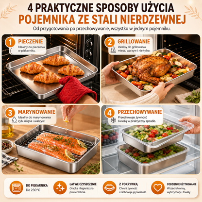 Pojemniki Na Przechowywanie Żywności SUS304, Prostokątne Tacki Ze Stali Nierdzewnej Z Gumowymi Pokrywkami (25x20x5cm)