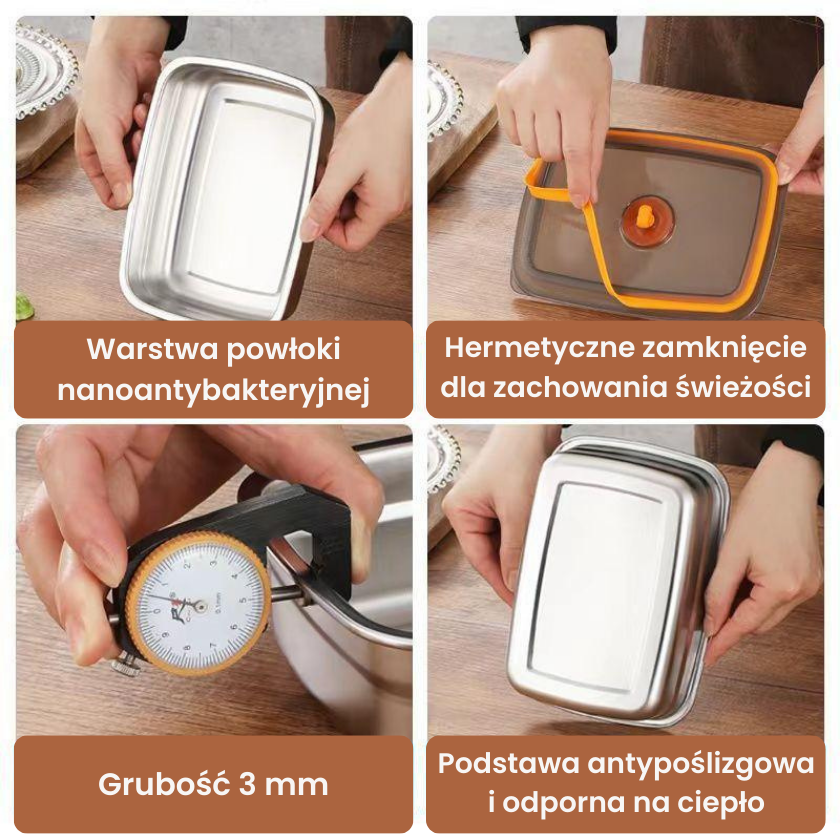 Duży Hermetyczny Pojemnik Na Żywność Ze Stali Nierdzewnej Antybakteryjnej – 1500ml  (19 x 14 x 8 cm) (LTT)