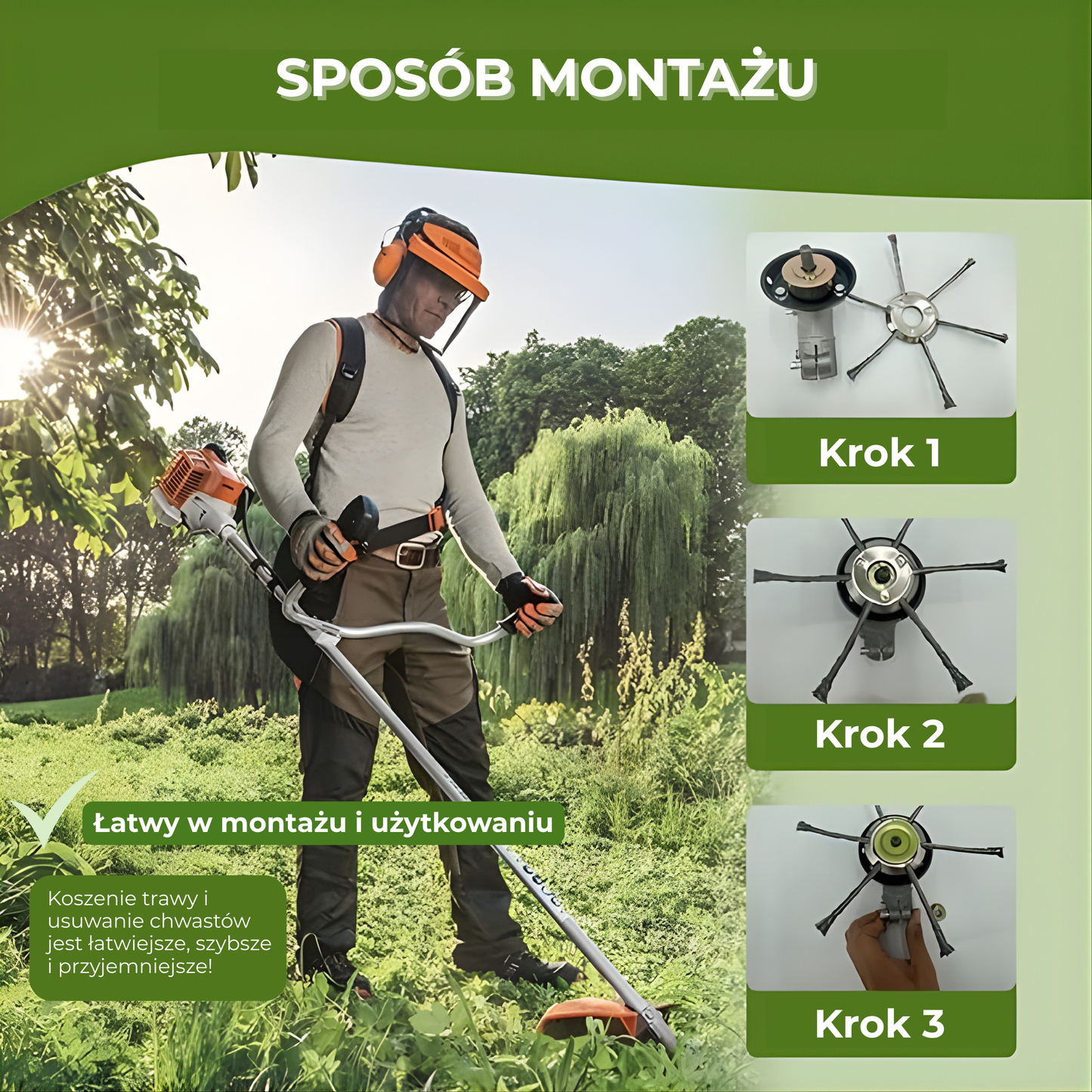 Głowica kosiarki posiada 6 splecionych ramion wykonanych z wytrzymałego drutu stalowego.