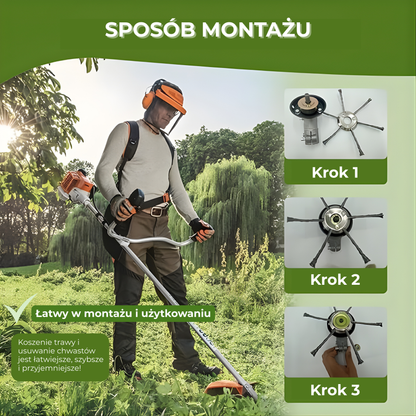 Głowica kosiarki posiada 6 splecionych ramion wykonanych z wytrzymałego drutu stalowego.