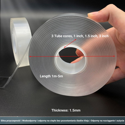Przezroczysta dwustronna taśma samoprzylepna Nano jest wodoodporna, odporna na zarysowania, elastyczna, trwała i ma dobrą nośność.