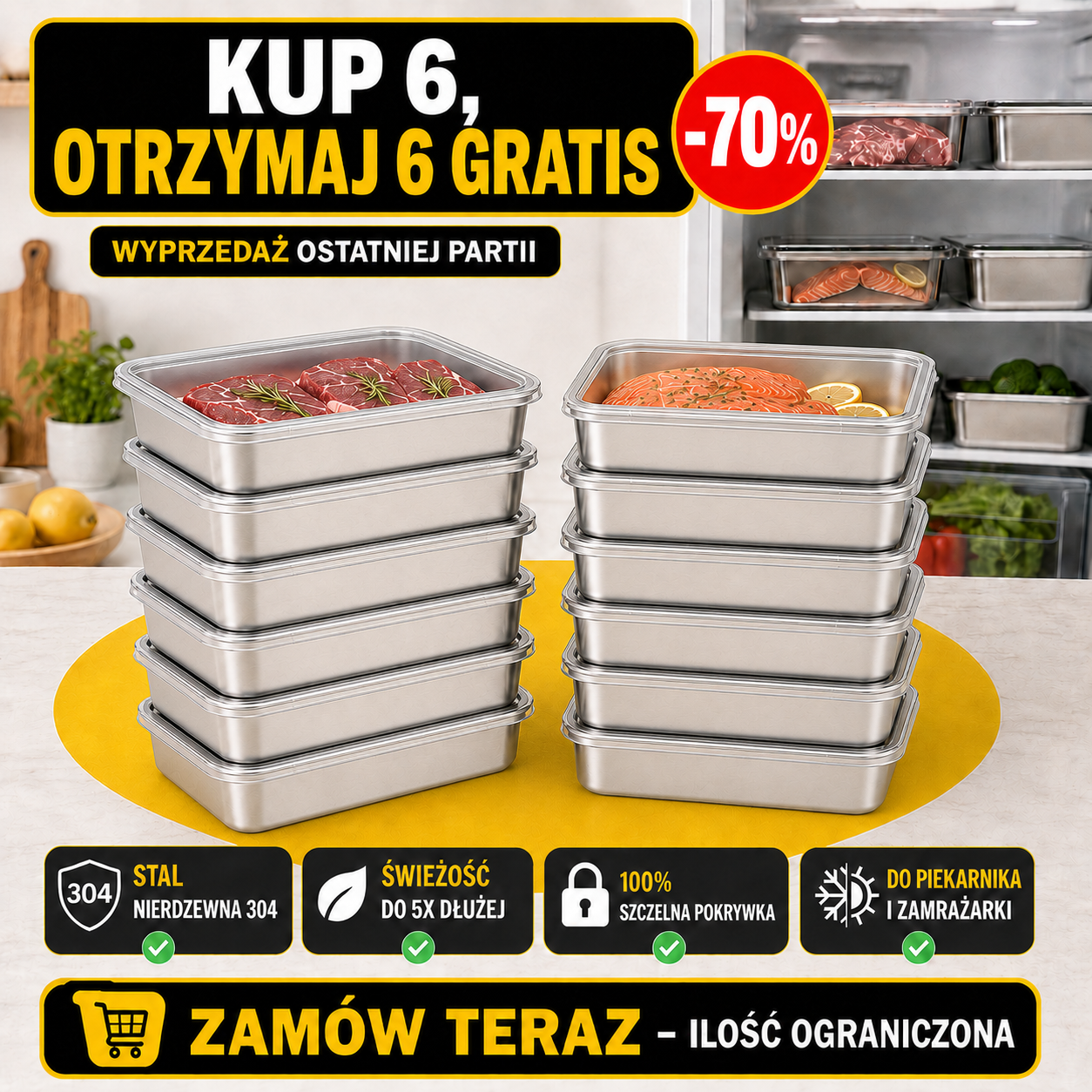Pojemnik na żywność ze stali nierdzewnej 304 – Dłuższa świeżość i maksymalne bezpieczeństwo (25x20x5 cm)