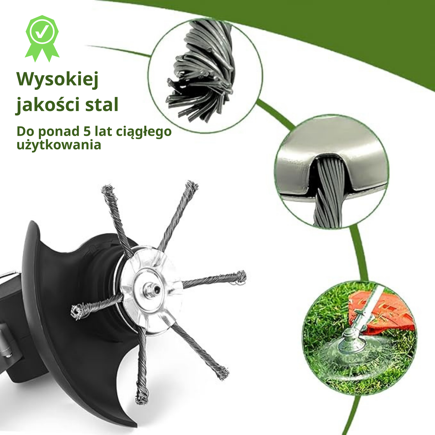 Głowica kosiarki posiada 6 splecionych ramion wykonanych z wytrzymałego drutu stalowego.