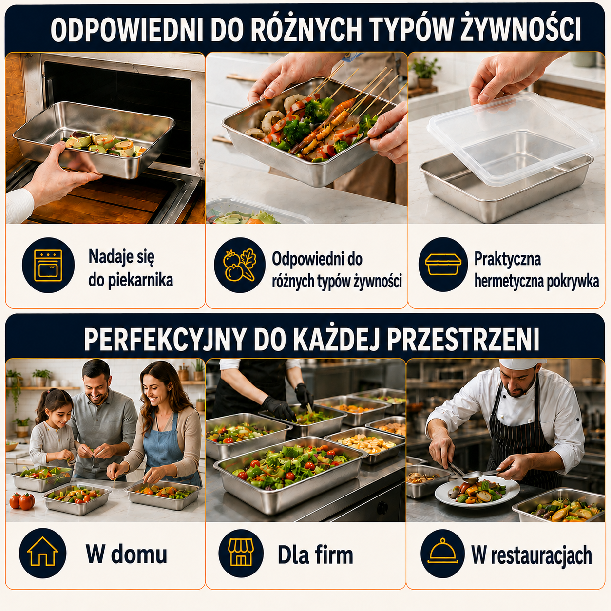 Pojemniki ze stali nierdzewnej SUS304 | Dłużej utrzymują świeżość żywności (25 × 20 × 5 cm)