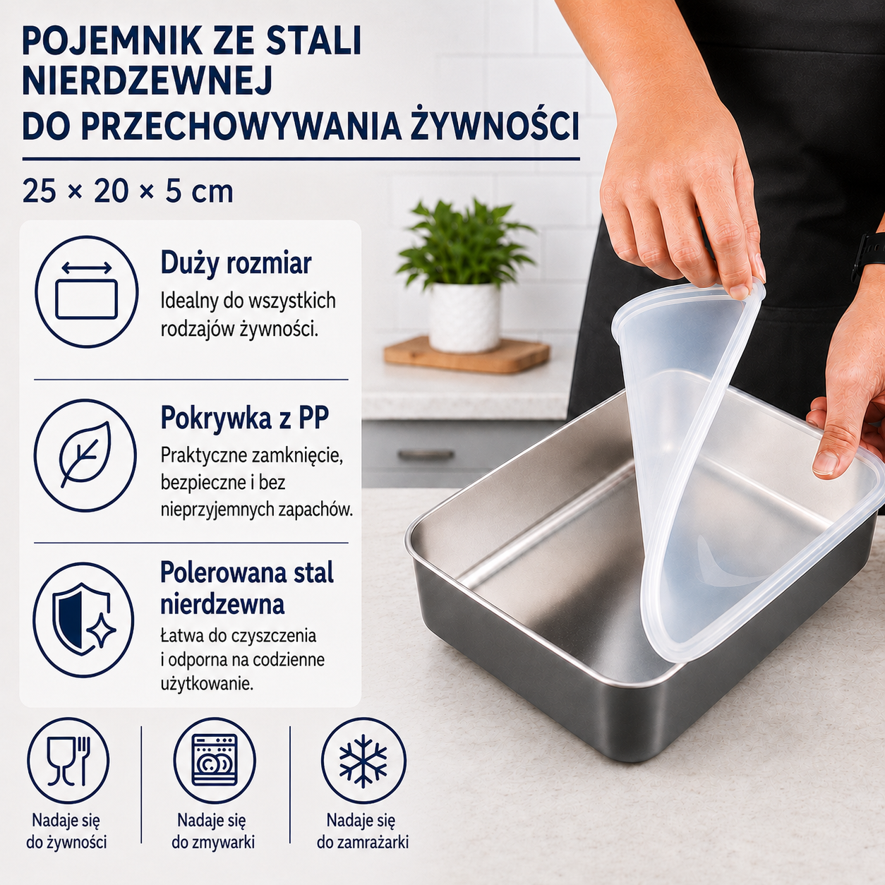 Pojemniki ze stali nierdzewnej SUS304 | Dłużej utrzymują świeżość żywności (25 × 20 × 5 cm)