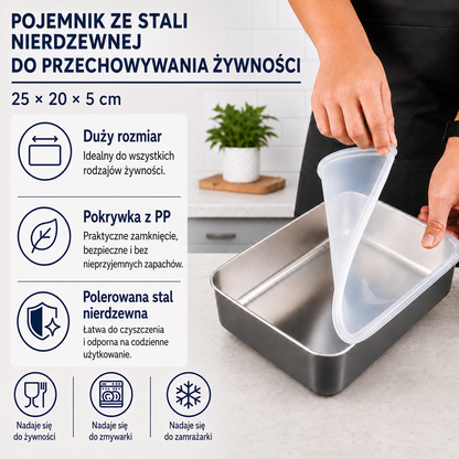 Pojemniki ze stali nierdzewnej SUS304 | Dłużej utrzymują świeżość żywności (25 × 20 × 5 cm)