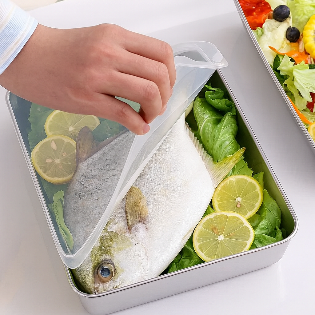 Taca ze stali nierdzewnej 304 z hermetyczną pokrywką (2,1 L – 25,2 × 19,7 × 5,7 cm) | RABAT 70%!