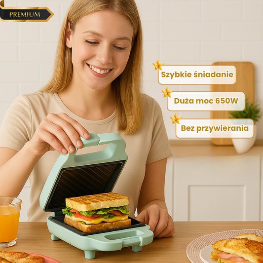 Kompaktowy opiekacz do kanapek z nieprzywierającą powłoką o mocy 650W