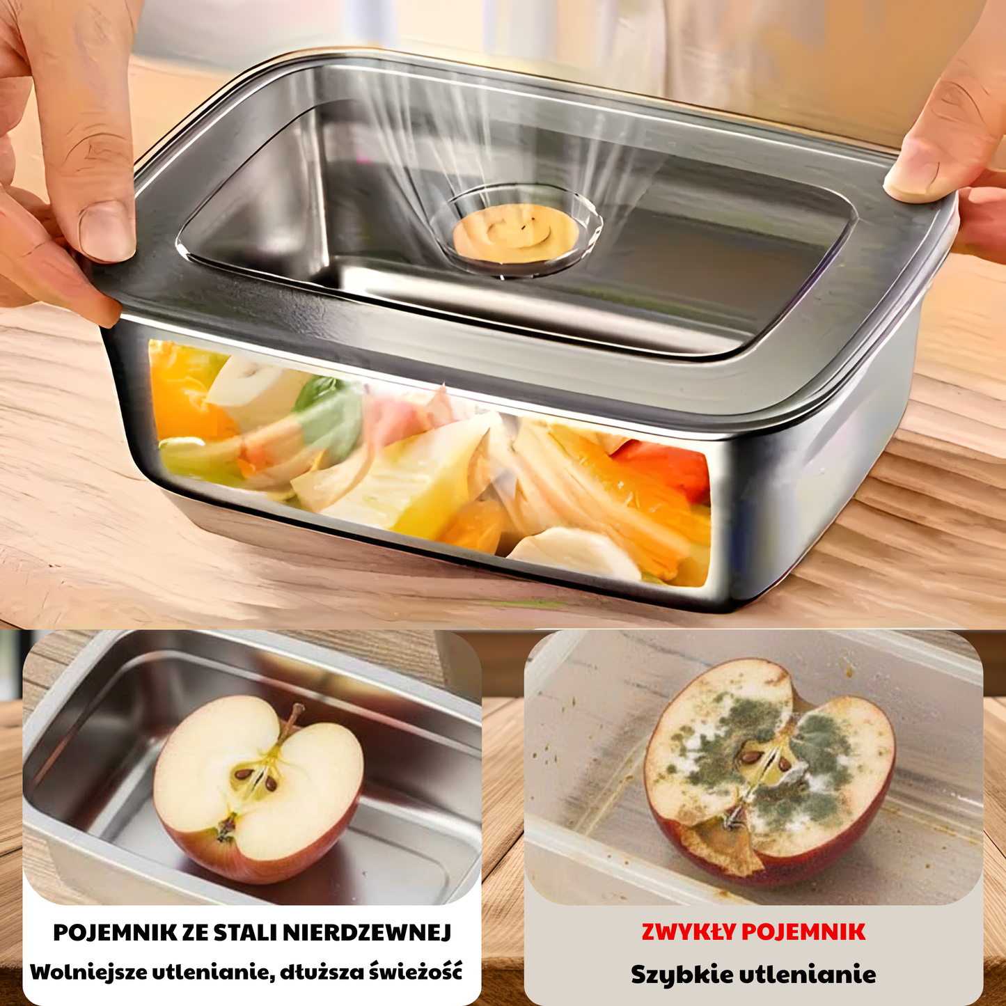 Duży Hermetyczny Pojemnik Na Żywność Ze Stali Nierdzewnej Antybakteryjnej – 1500ml (19 x 14 x 8 Cm)