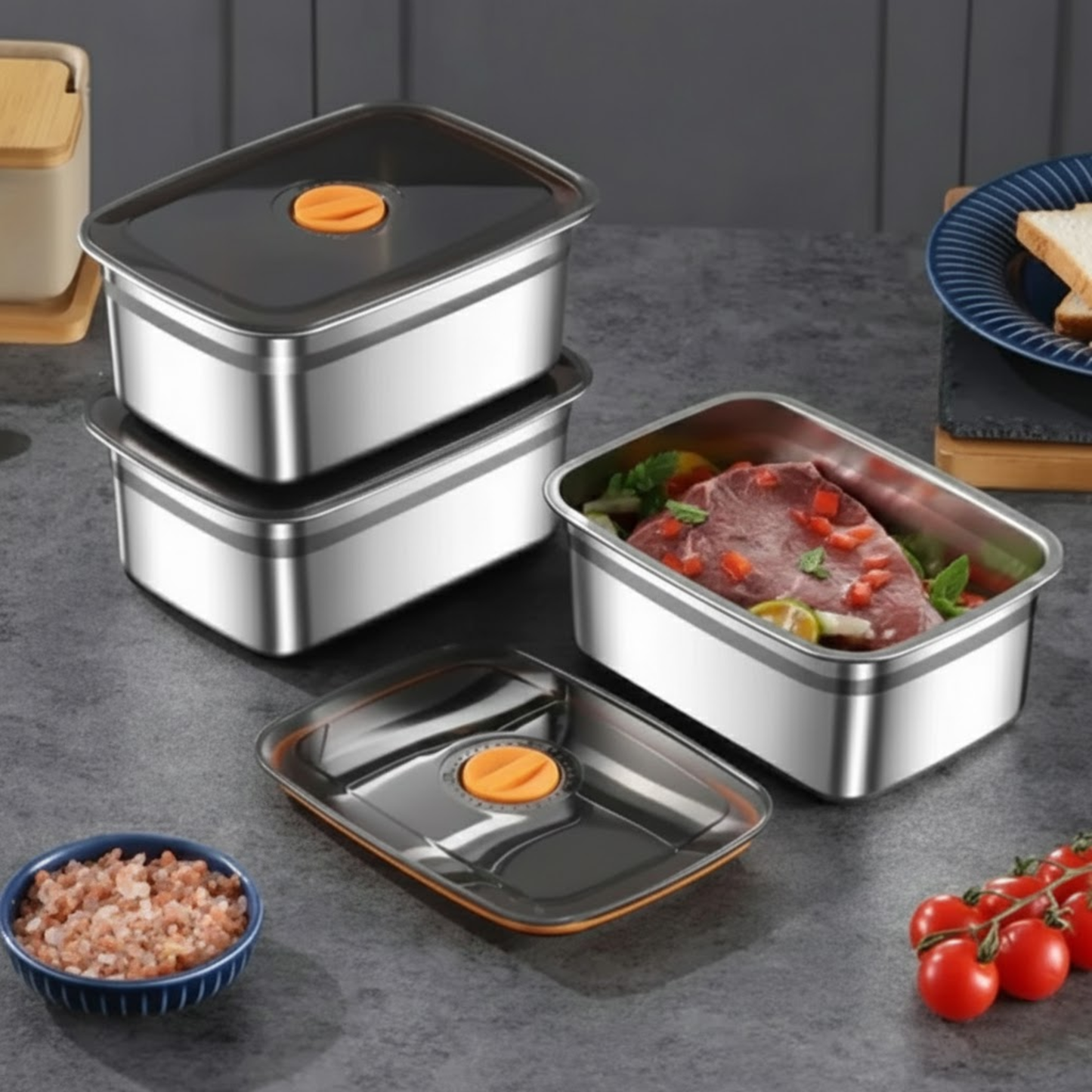 Duży Hermetyczny Pojemnik Na Żywność Ze Stali Nierdzewnej Antybakteryjnej – 1500ml (19 x 14 x 8 Cm)