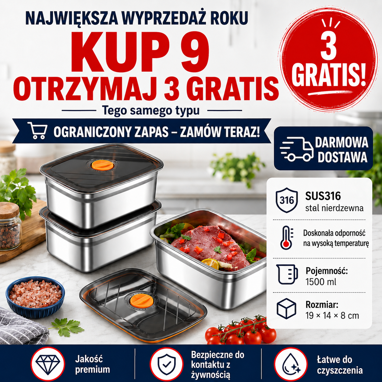 ✨ Pojemnik ze stali nierdzewnej 316 o pojemności 1500 ml – Bezpieczne i praktyczne rozwiązanie do przechowywania żywności (19 × 14 × 8 cm)