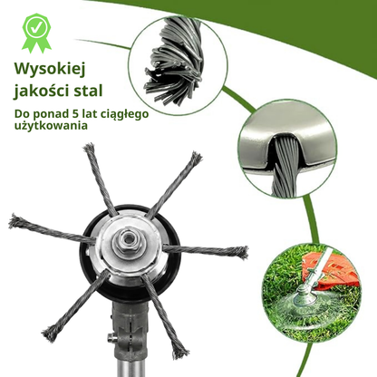 Głowica kosiarki posiada 6 splecionych ramion wykonanych z wytrzymałego drutu stalowego.