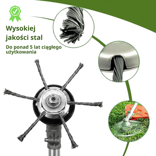 Głowica kosiarki posiada 6 splecionych ramion wykonanych z wytrzymałego drutu stalowego.