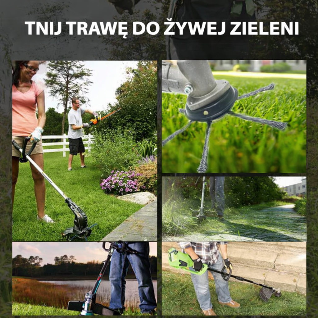 Głowica tnąca posiada 6 ramion wykonanych z wytrzymałego, plecionego drutu stalowego